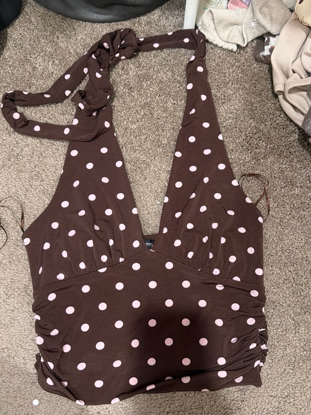 Polka dot chocolate brown halter top size medium